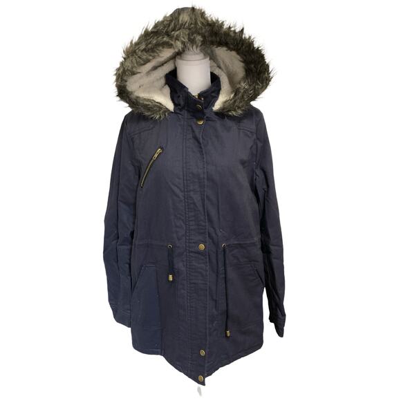 nwt Anorak Parka Jacket Navy Faux Fur & Sherpa Hood Slim Fit size L - Picture 1 of 10
